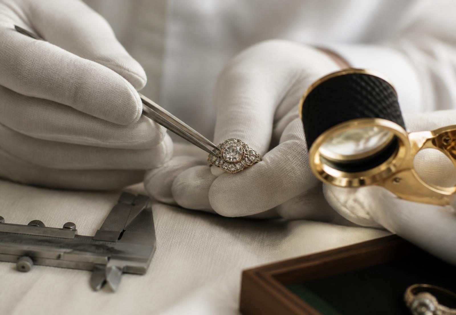 A jeweller examining a diamond ring with tweezers and a loupe
